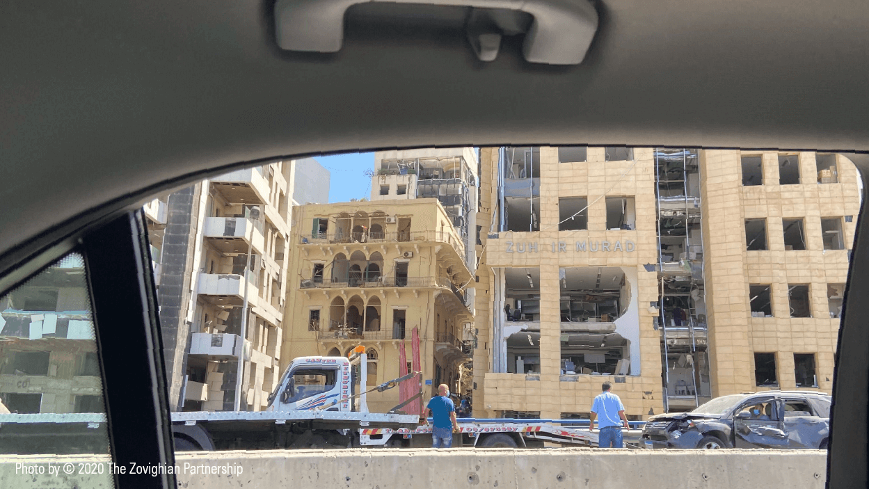 Photo taken from inside the car window of destroyed buildings after the Beirut Explosion