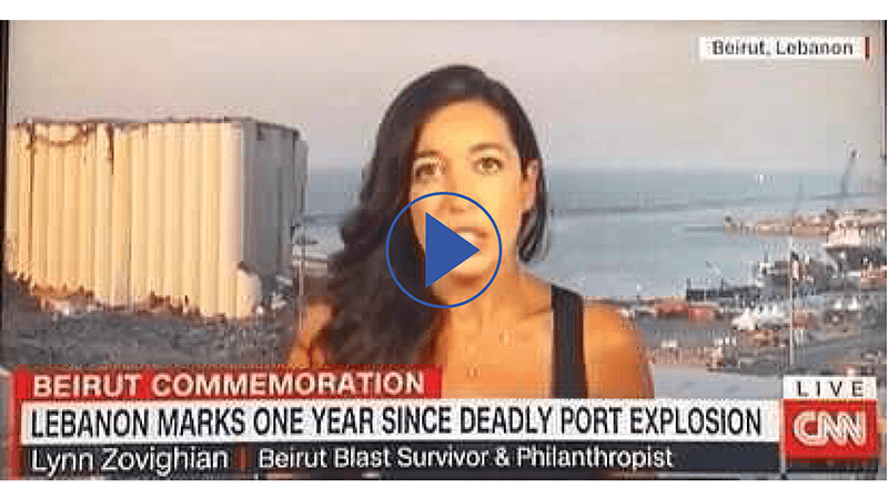 Lynn Zovighian interview on  Hala Gorani Tonight on a building rooftop, with the Beirut Explosion site behind her