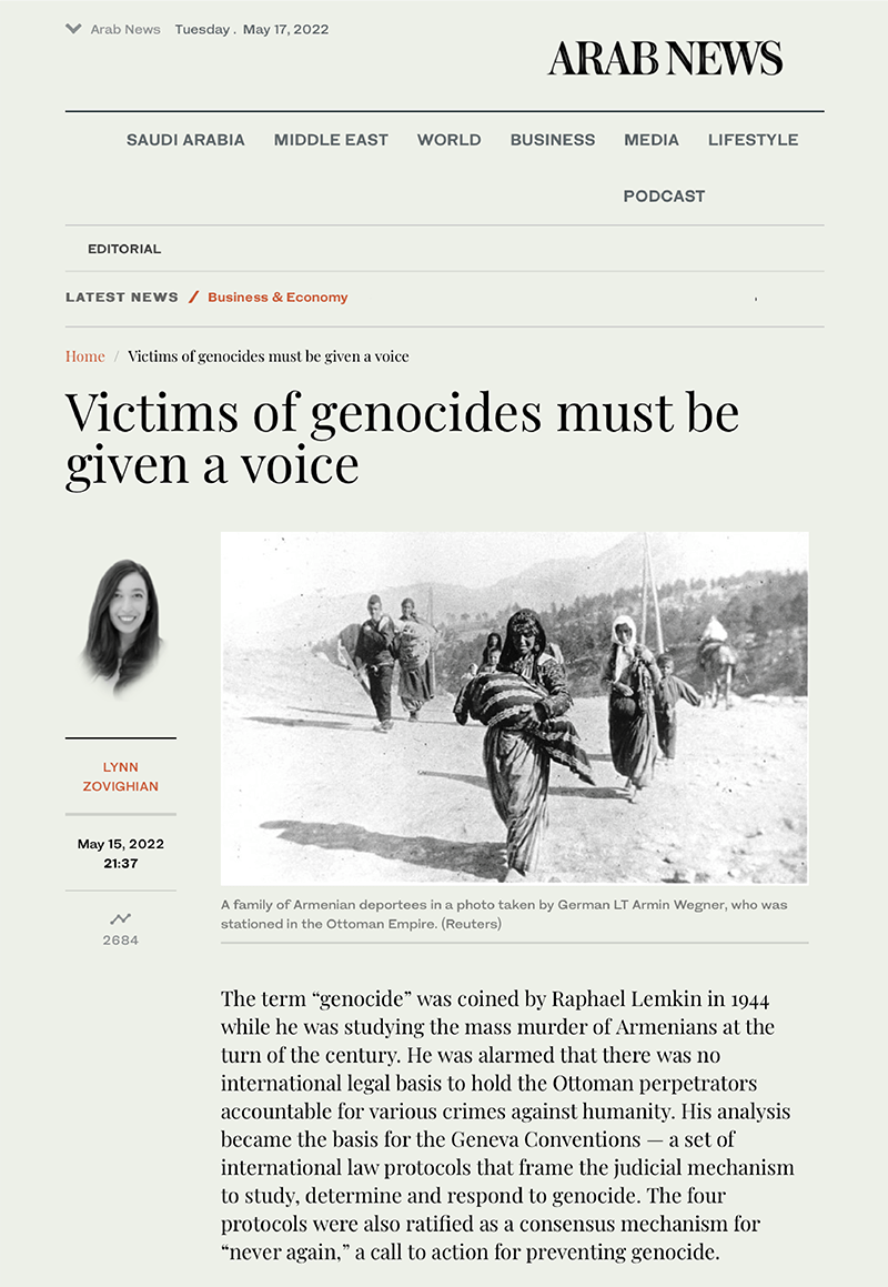 Screenshot of article of Victims of genocides must be given a voice on the Arab News website