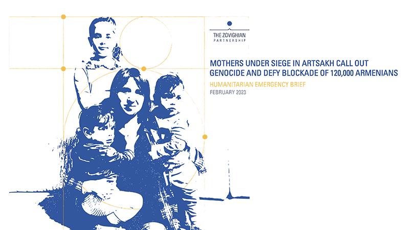 Cover screenshot of report depicting a graphic illustration of a woman with her 3 children in Artsakh