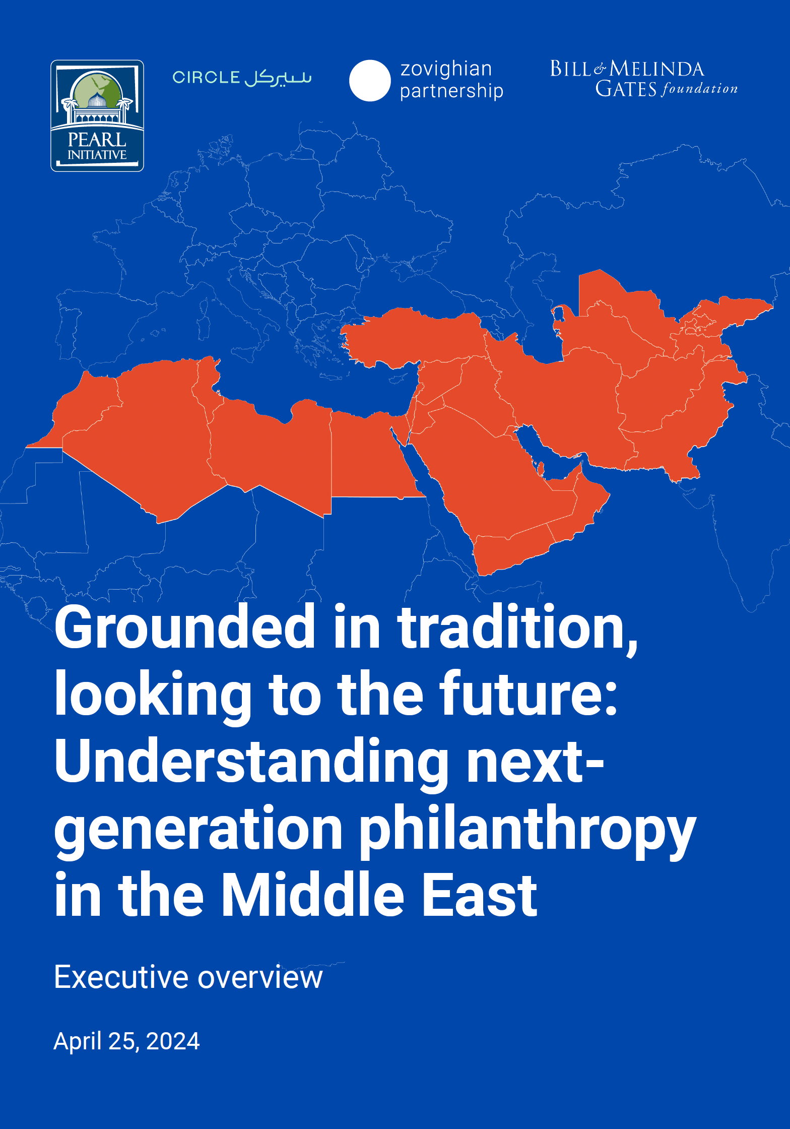 A report cover showing the map of the Middle East. Titled Grounded in tradition looking to the future: Understanding next-generation philanthropy in the Middle East 