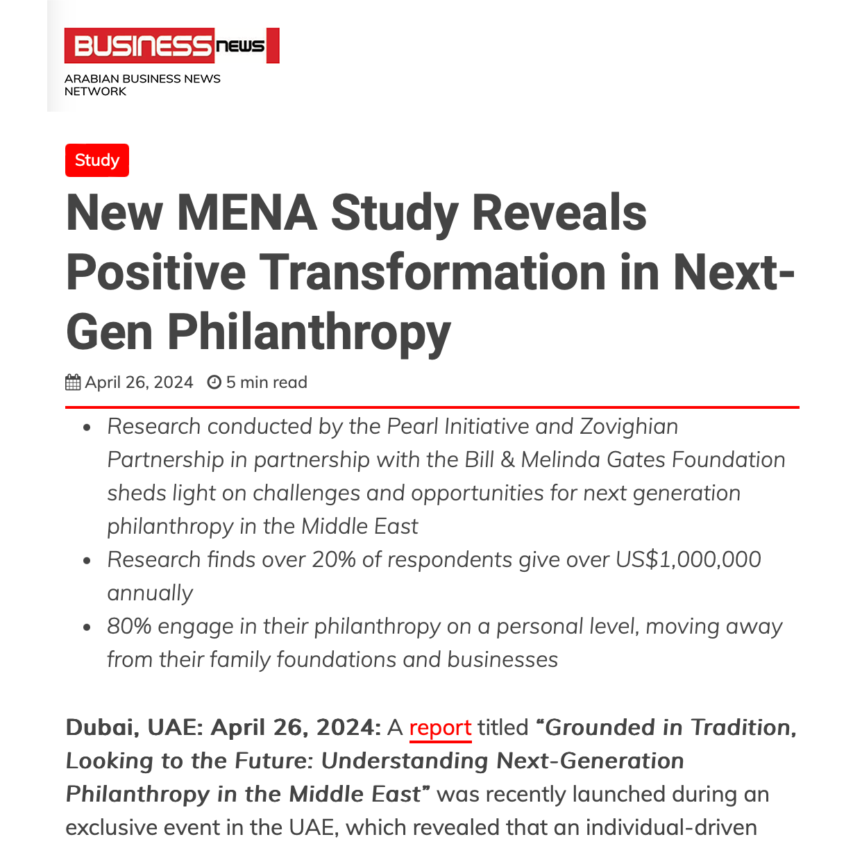 A news article titled new mena study reveals positive transformation in next gen philanthropy