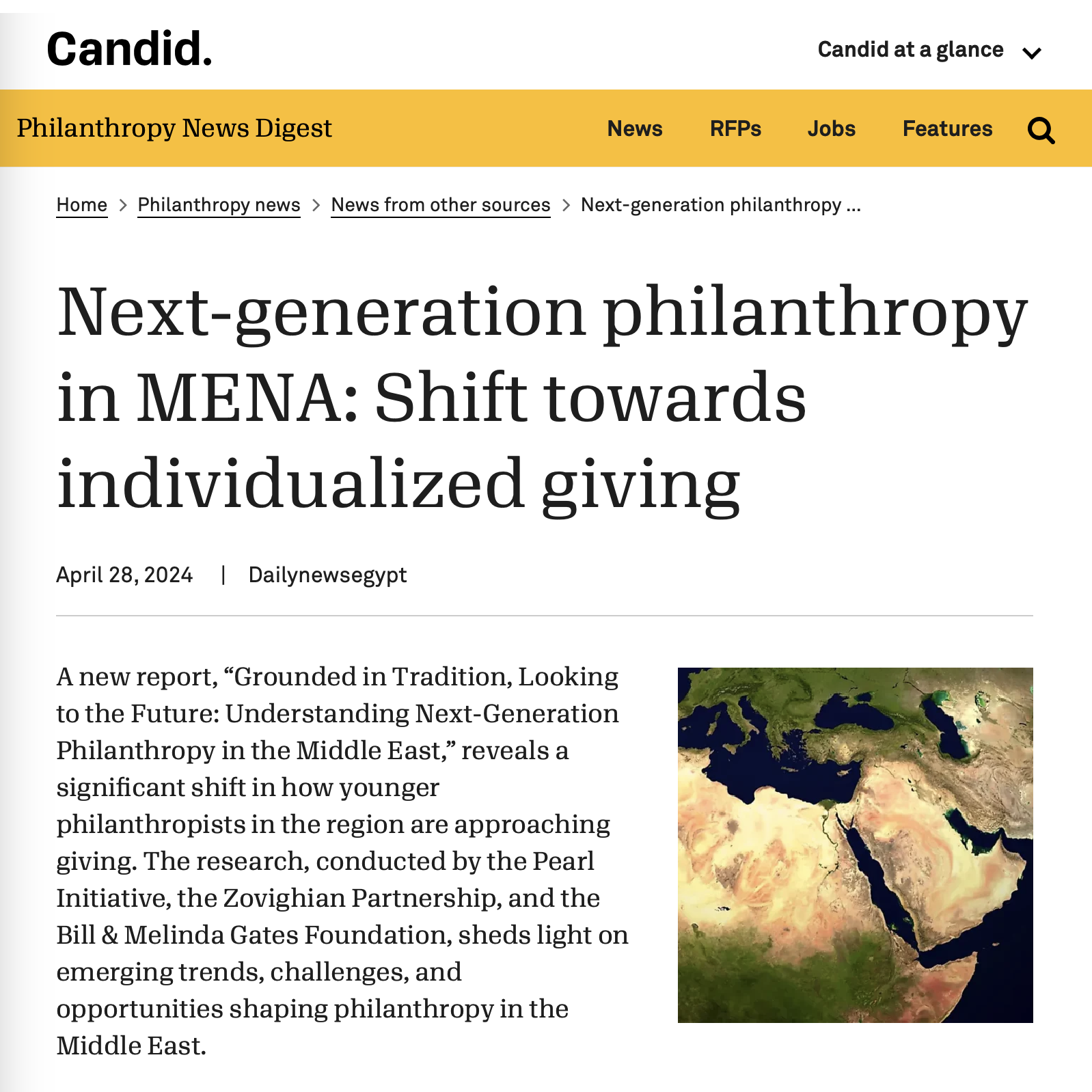 A newspaper article titled next generation philanthropy in mena shift towards individualized giving