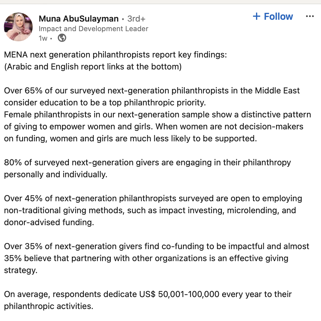 A screenshot of a social media post on MENA next generation philanthropists report key findings