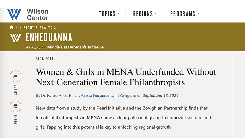 A page from the wilson center titled women & girls in mena underfunded without next generation female philanthropists