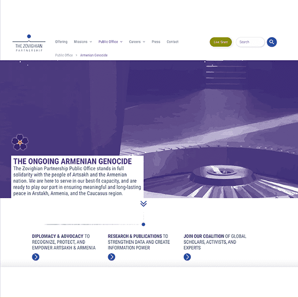 Screenshot of the banner on the Armenian Genocide page on The Zovighian Partnership website
