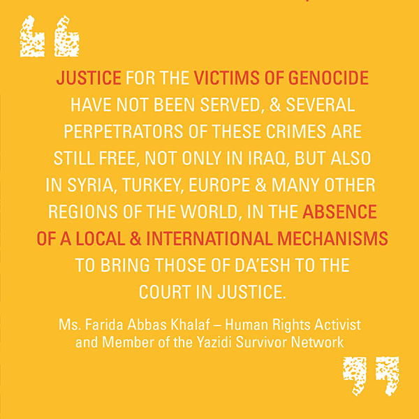 A written Quote by member of the Yazidi Survivors Network Ms. Farida Abbas Khalaf
