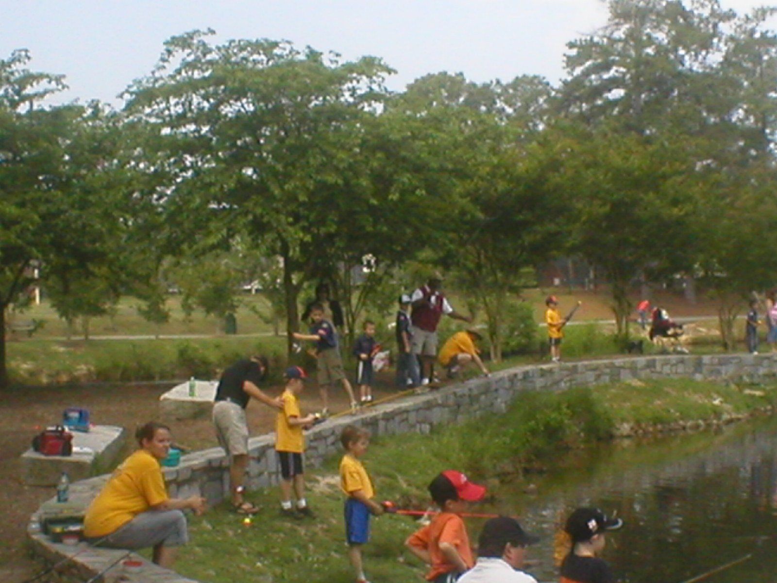 People fishing at a pond, adults helping children with rods. Green trees, overcast sky.