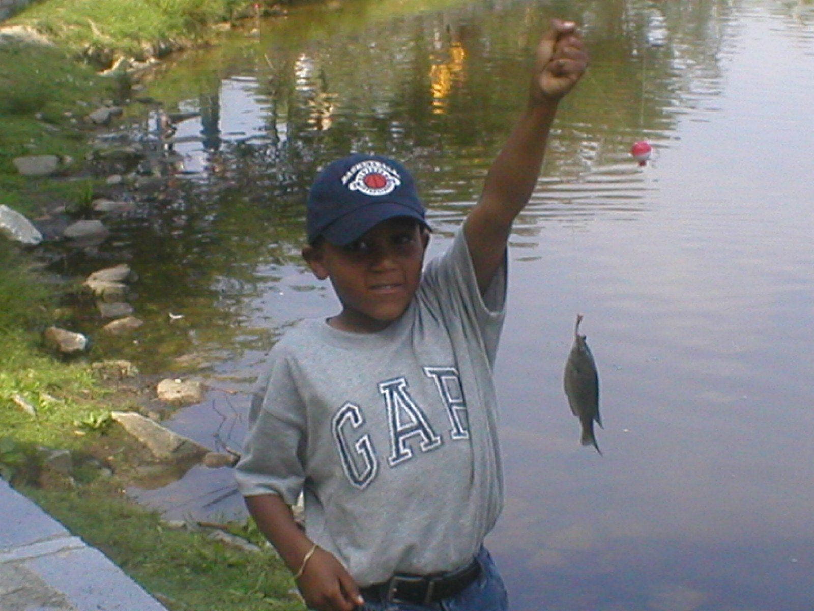 Boy in gray shirt holds up a small fish he caught near a pond.