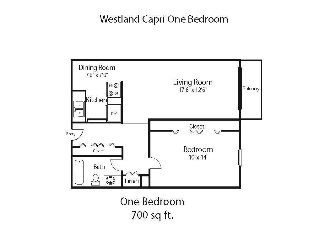 A black and white floor plan of a one bedroom apartment.