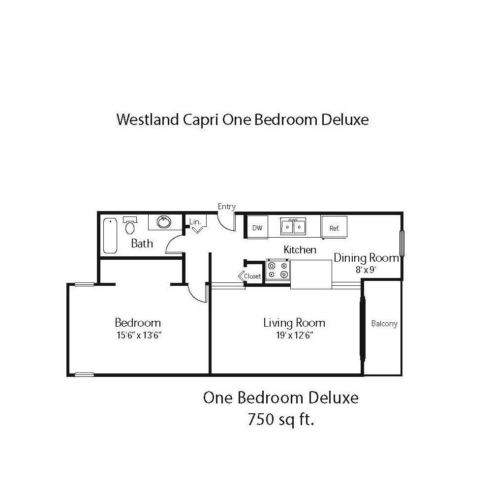 A black and white floor plan of a one bedroom deluxe apartment.