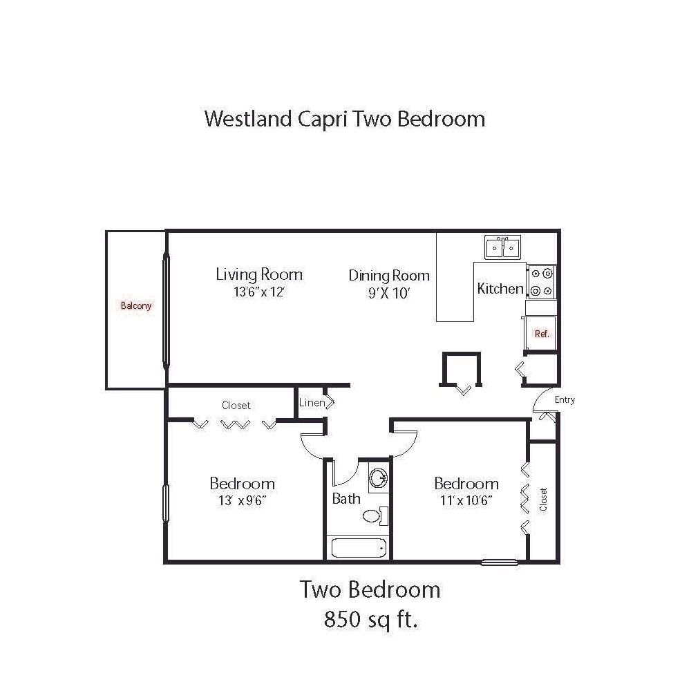 A floor plan of a two bedroom apartment with a balcony.