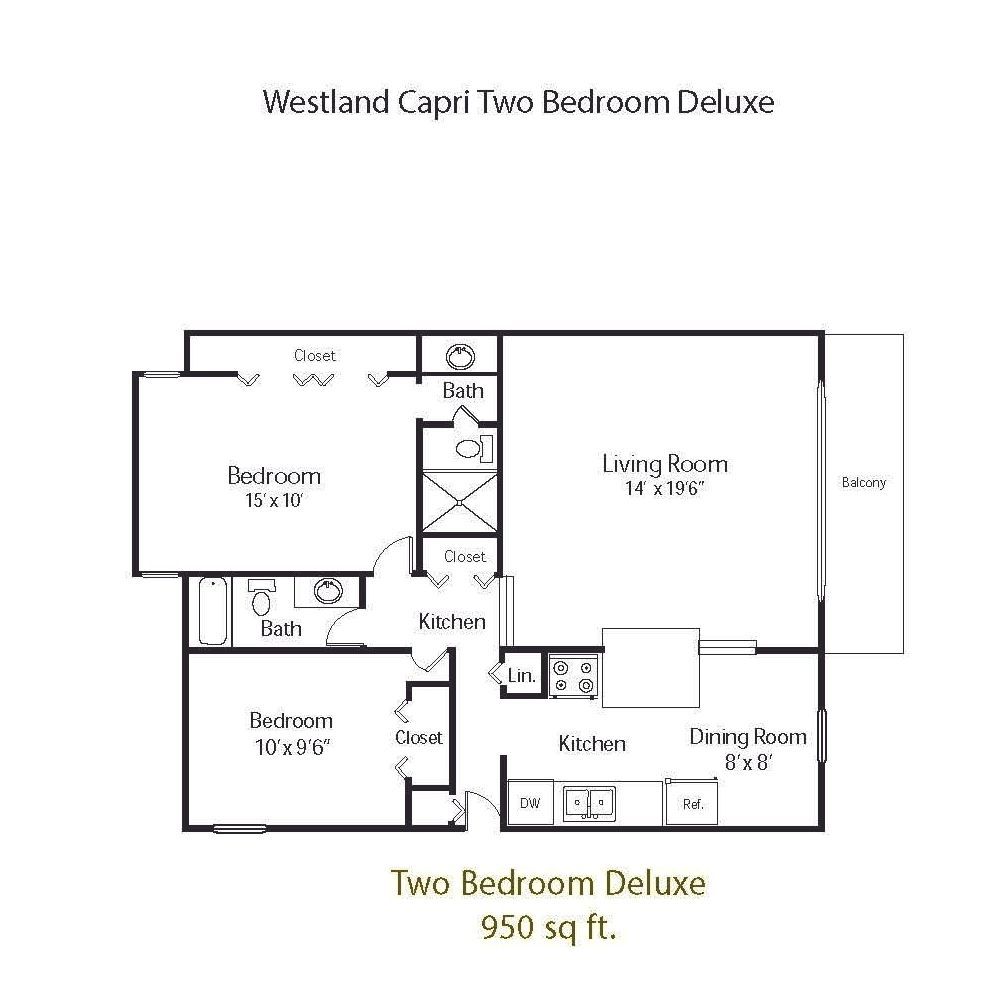 A floor plan of a two bedroom deluxe apartment.
