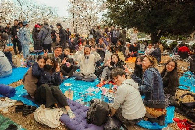 Group of people picnicking under cherry blossom trees, smiling and making peace signs.