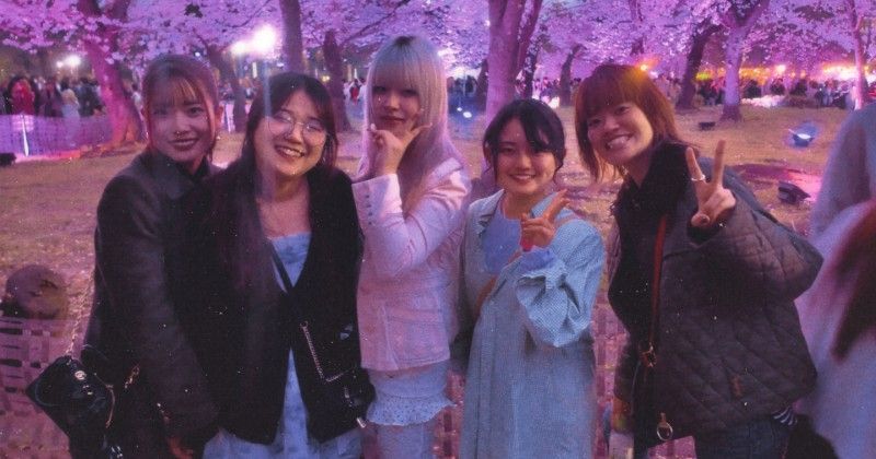 Five people smile and pose for a photo together outdoors at night, surrounded by illuminated pink cherry blossom trees.