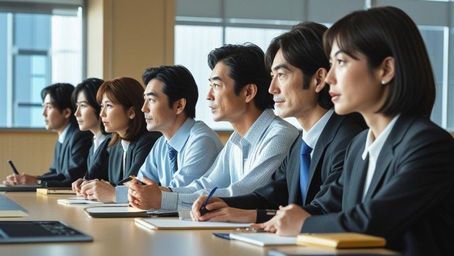 ビジネスマンのグループが会議テーブルに座っている。