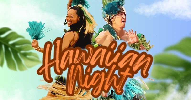 Two women are dancing in front of a sign that says Hawaiian Night.