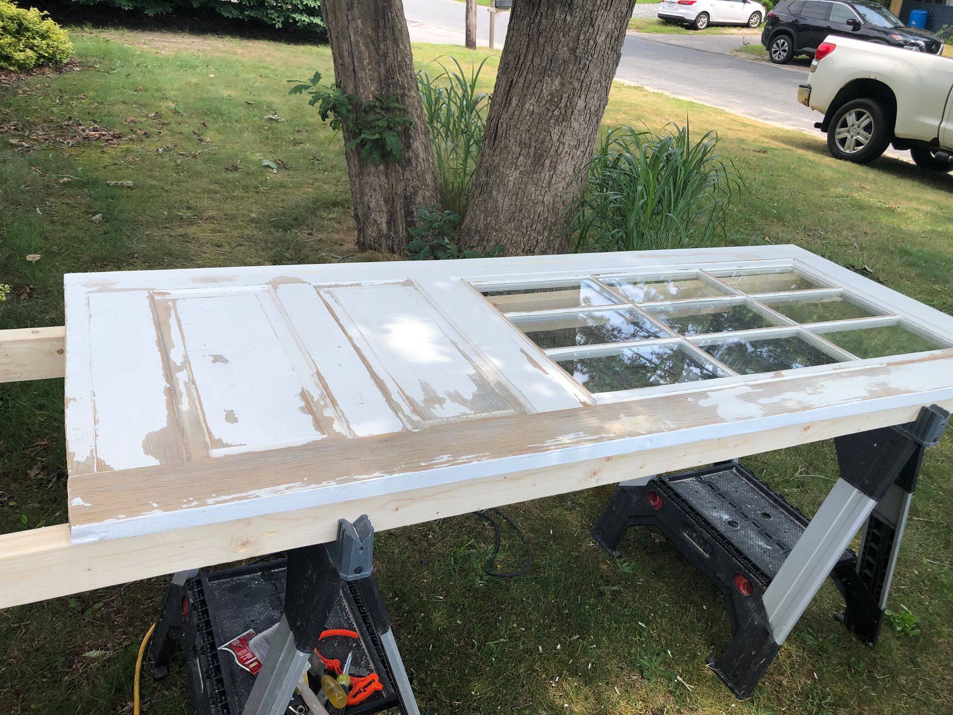 A white door being stripped of paint rests on sawhorses outdoors, next to a tree, on a grassy lawn.