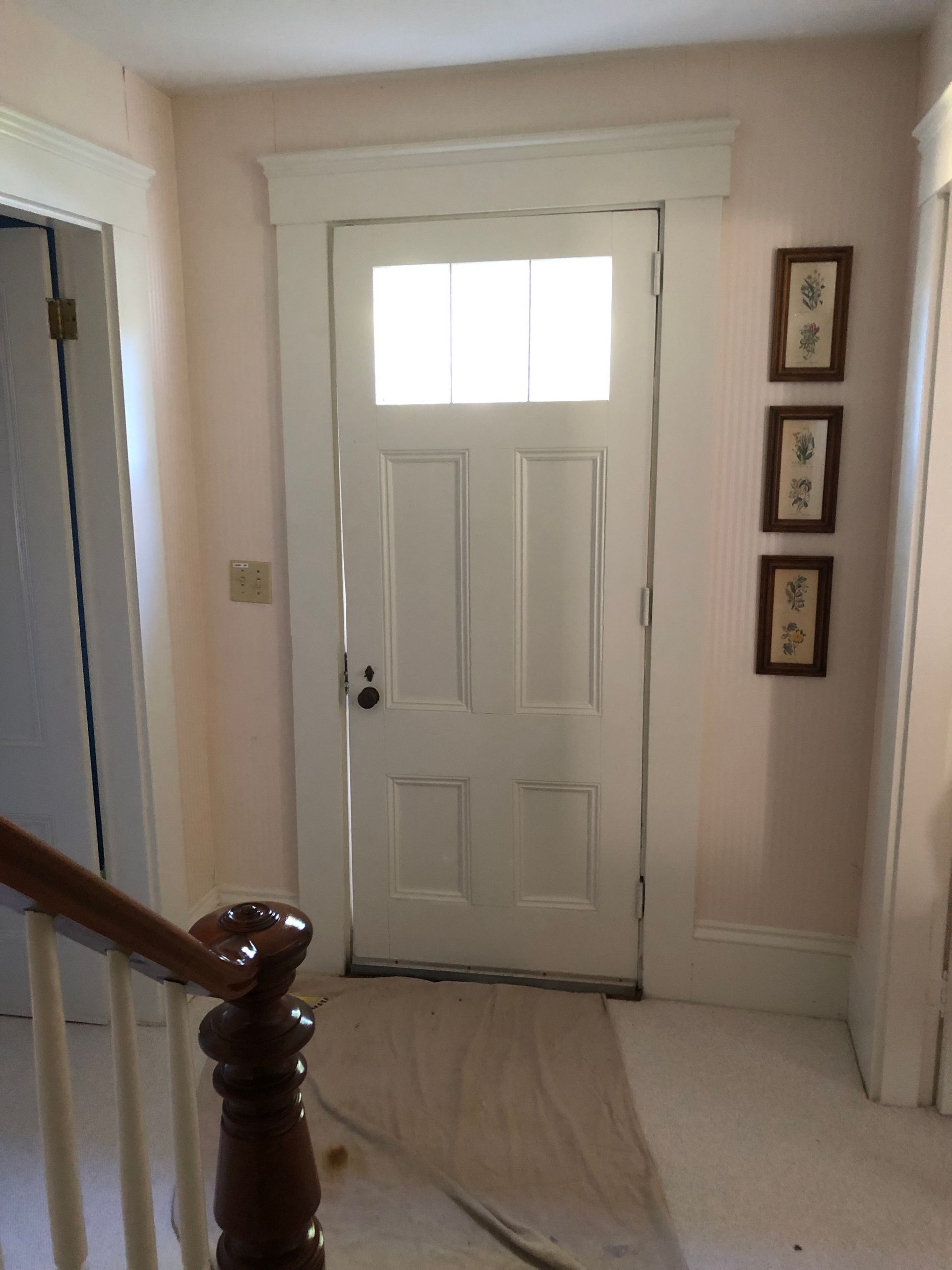 White door with glass panels and decorative molding, set in a light pink hallway with framed artwork.