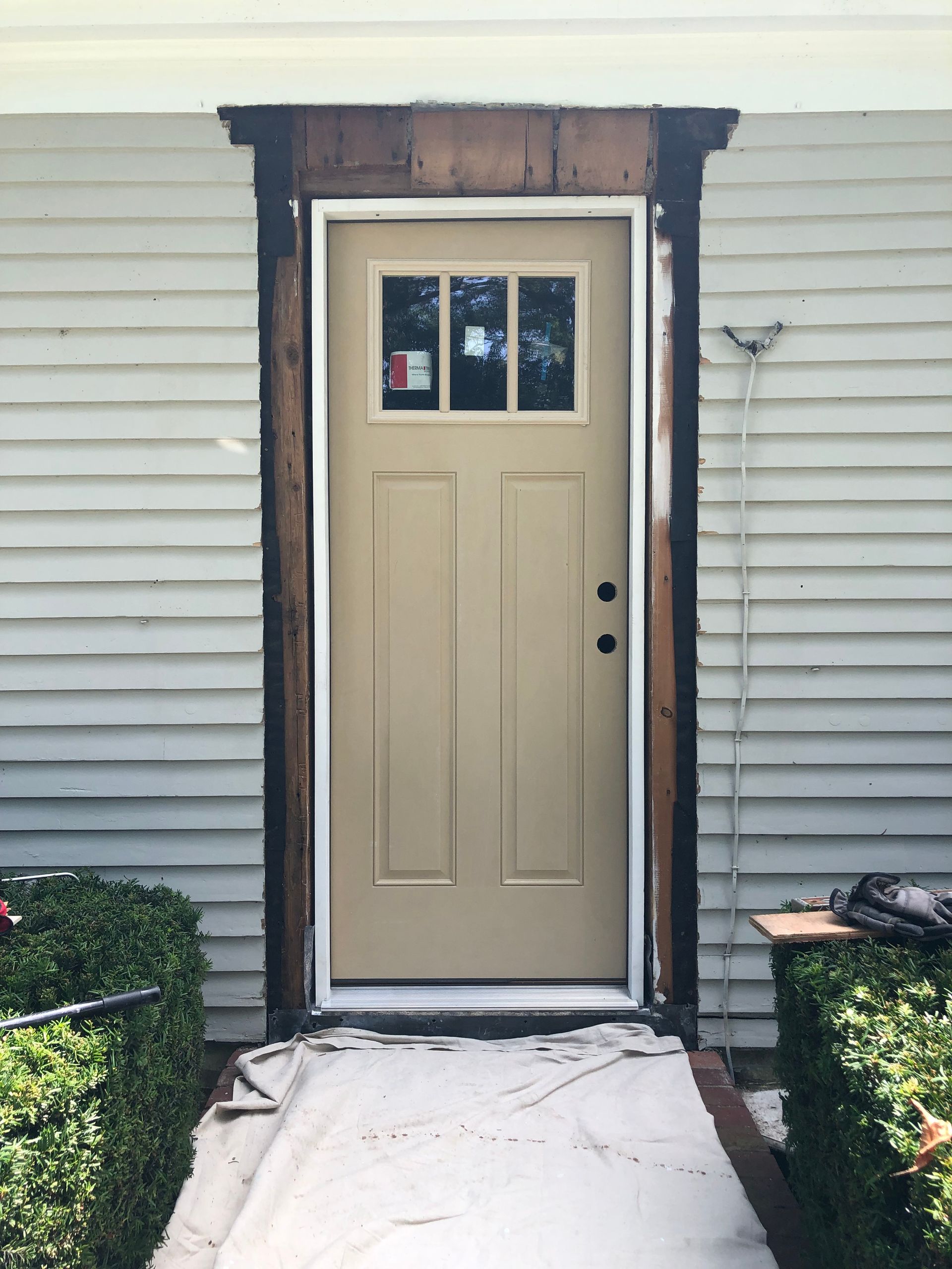 Beige door in a frame, on a light-colored building. The doorway has exposed wood. Green bushes flank the entrance.