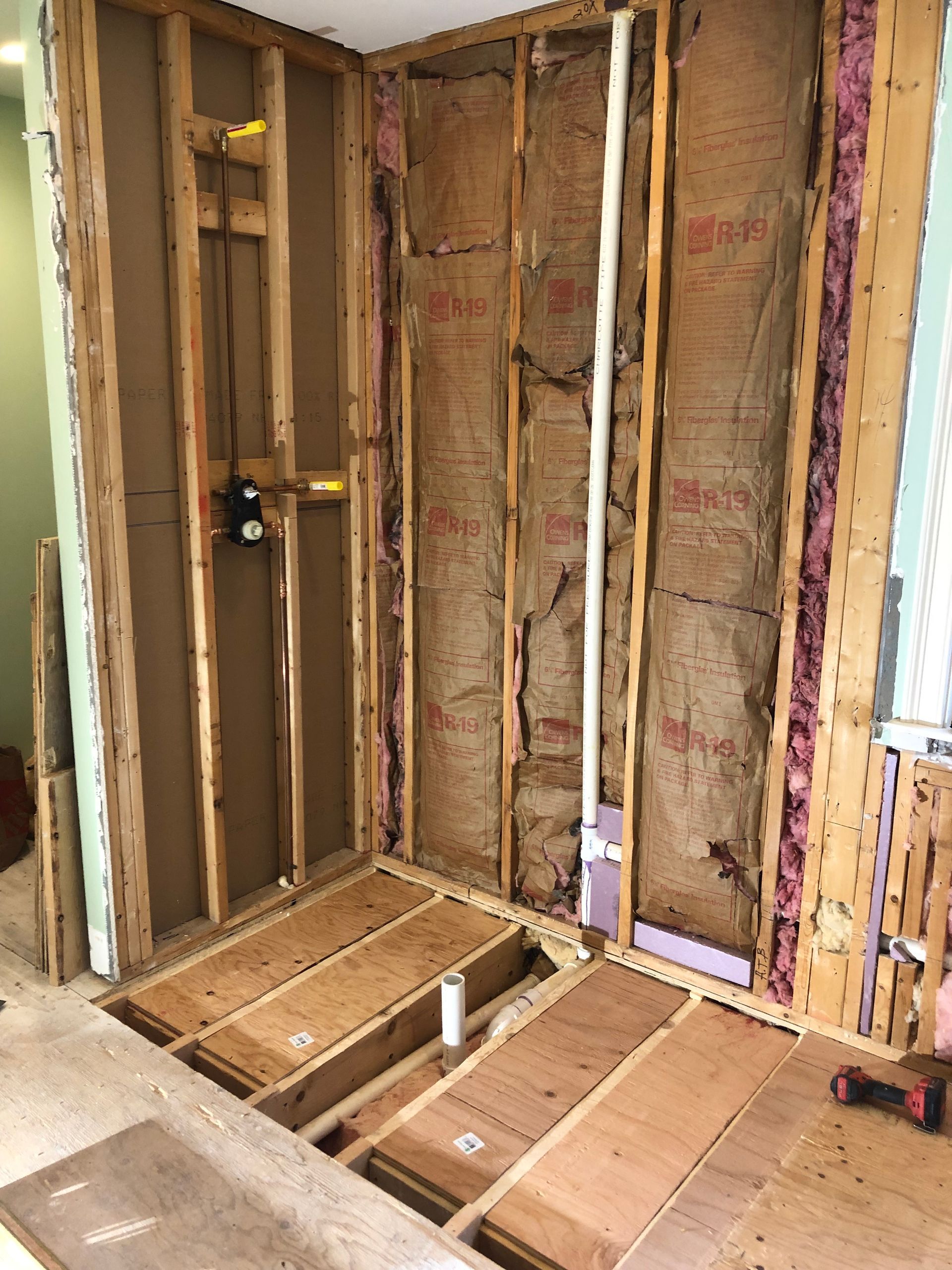 Bathroom renovation in progress, exposed studs, plumbing, and subfloor.