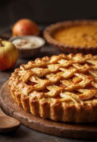 Pastel de manzana con corteza de celosía, pastel de calabaza, manzanas e ingredientes sobre una tabla de madera.