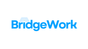 A bridgework logo with a blue sunburst on a white background.