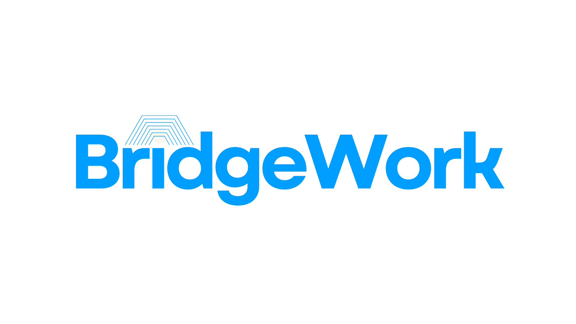 A bridgework logo with a blue sunburst in the middle on a white background.