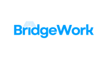 A bridgework logo with a blue sunburst on a white background.