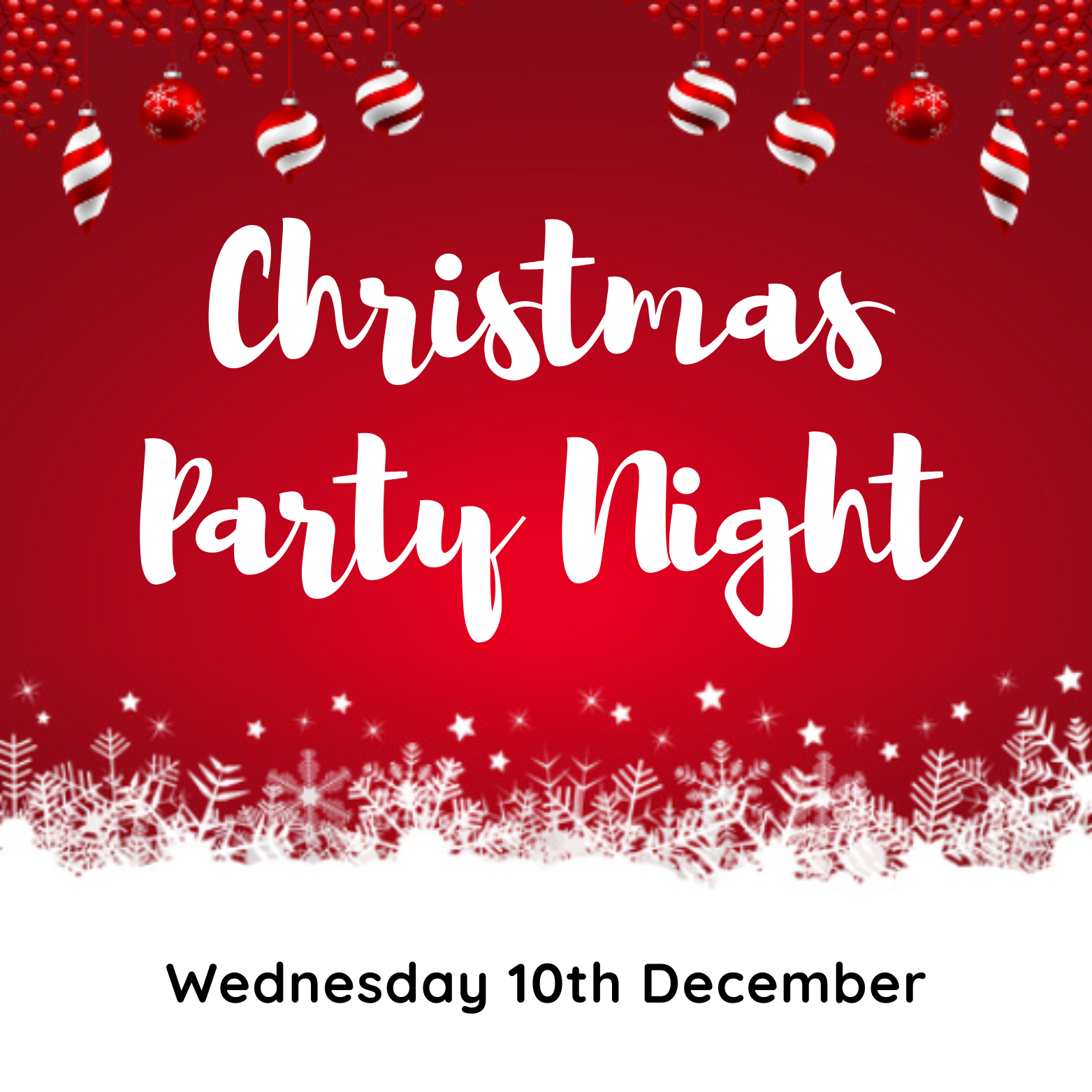 Christmas Party Night on red background with ornaments and snowflakes; date on bottom.