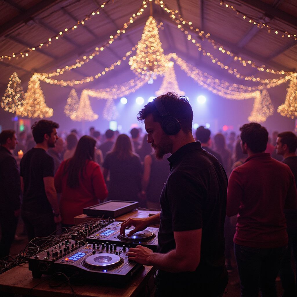 DJ mixing music at an event. People dance under string lights.
