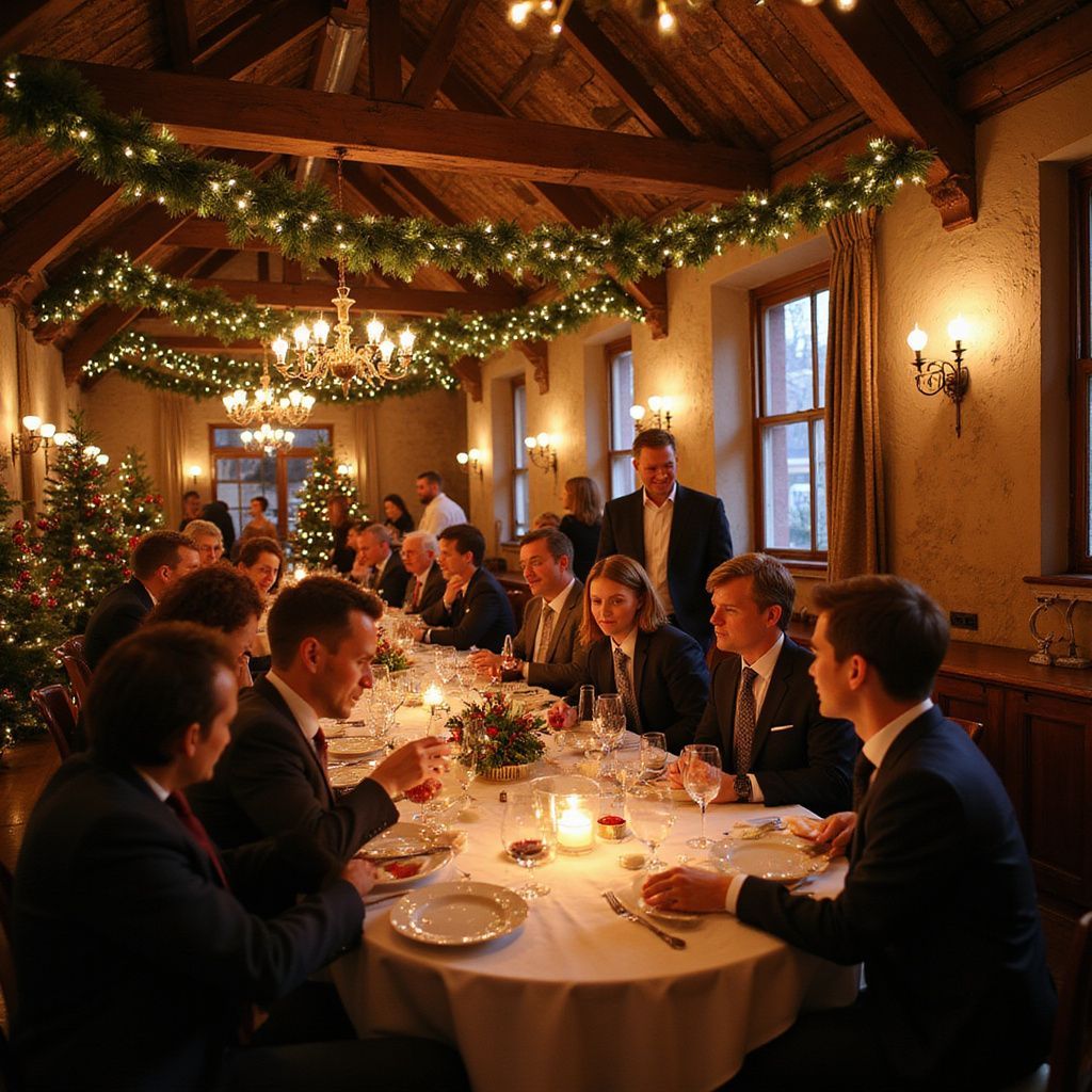 People in formal attire at a Christmas dinner in a warmly lit room, set with decorations.