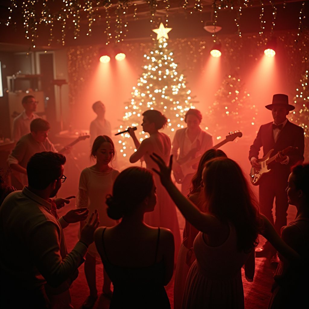 People dancing at a Christmas party with a band playing in front of a Christmas tree. Red lighting.