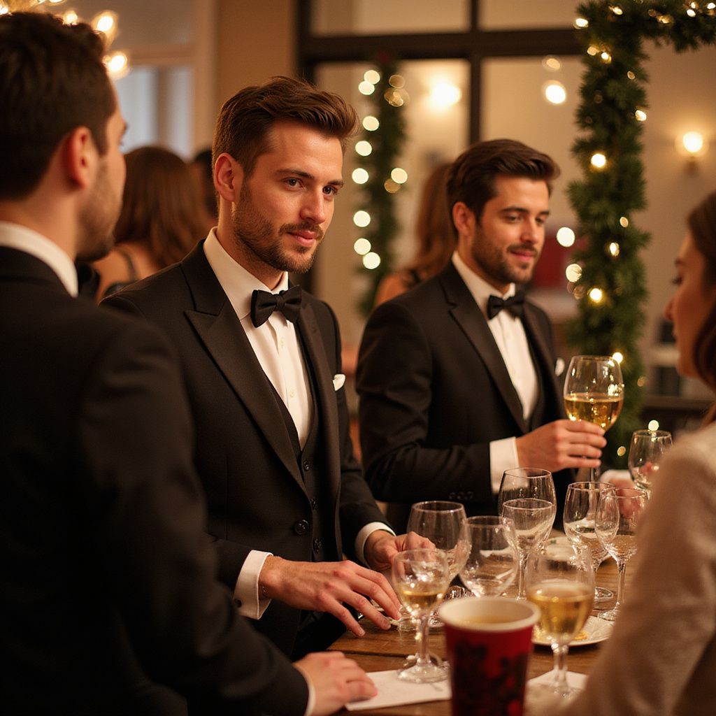 Men in tuxedos at a party, one holding a drink, talking to people with festive lights in the background.
