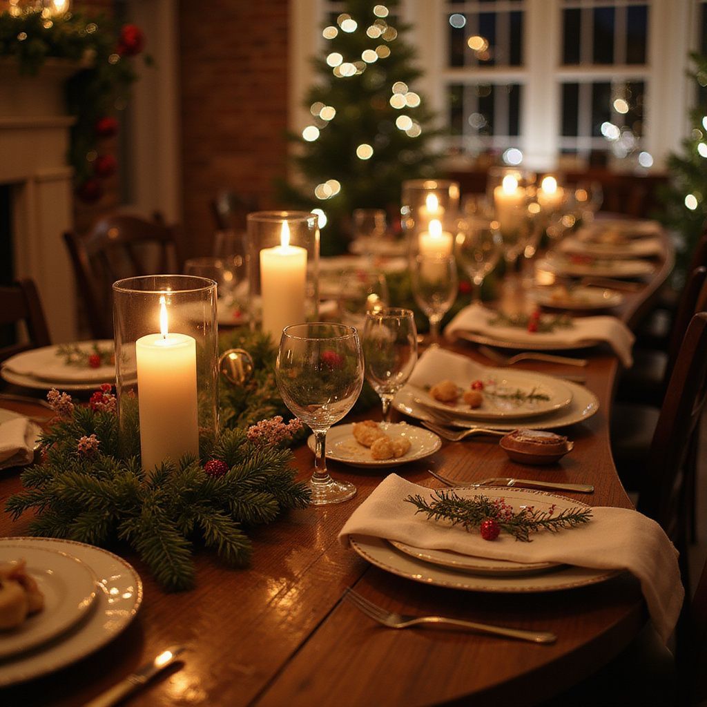 Christmas dinner table set with candles, greenery, and place settings.