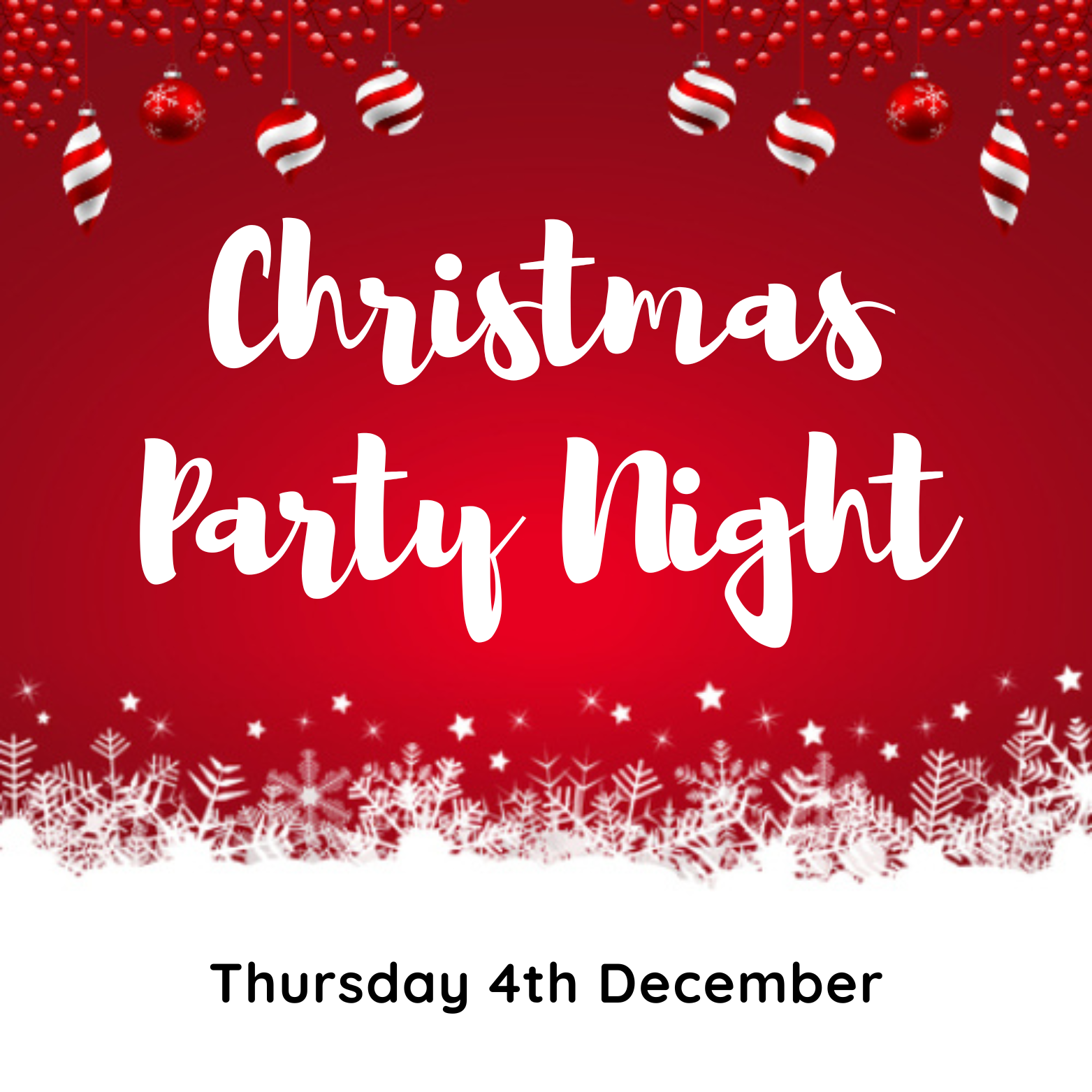 Christmas Party Night announcement on red background with snowflakes and ornaments, December 4th.