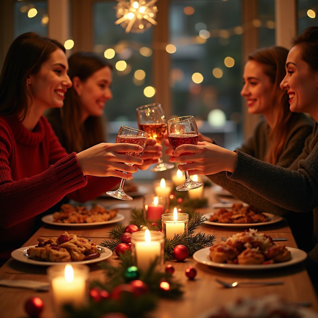Four women toasting with glasses of wine at a festive holiday dinner. Candles, food, and warm lighting.