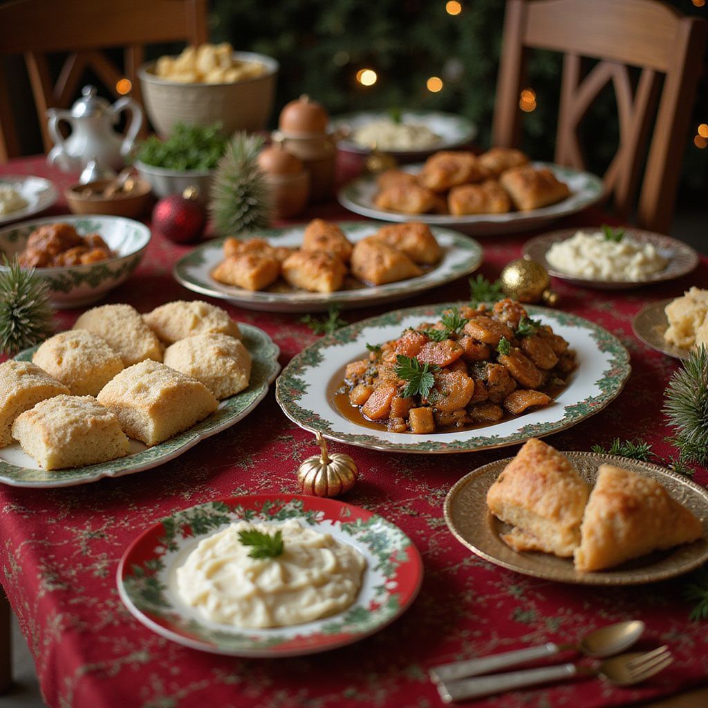 A festive table laden with holiday dishes: bread, mashed potatoes, stew, and various baked goods.
