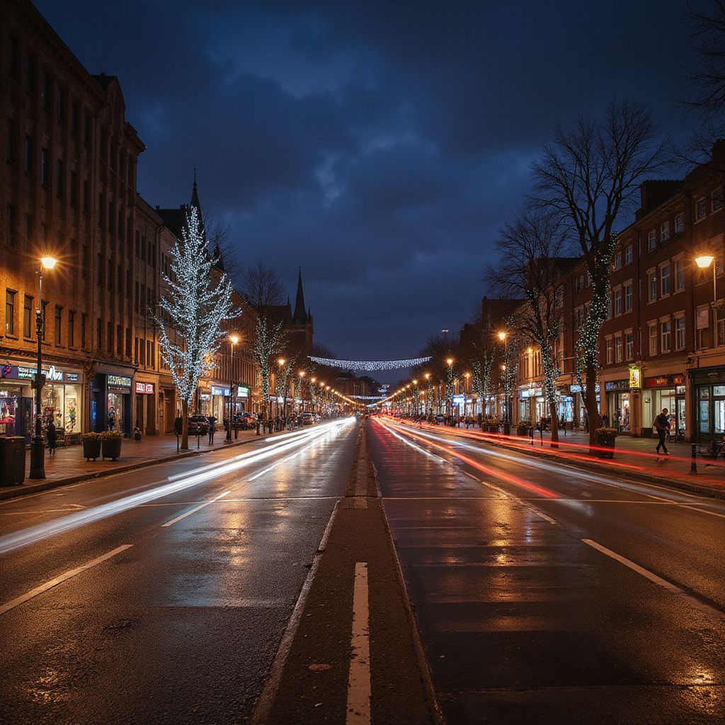 Wet street at night, lined with lit shops and streetlights. Car lights streak down the road under a dark, cloudy sky.