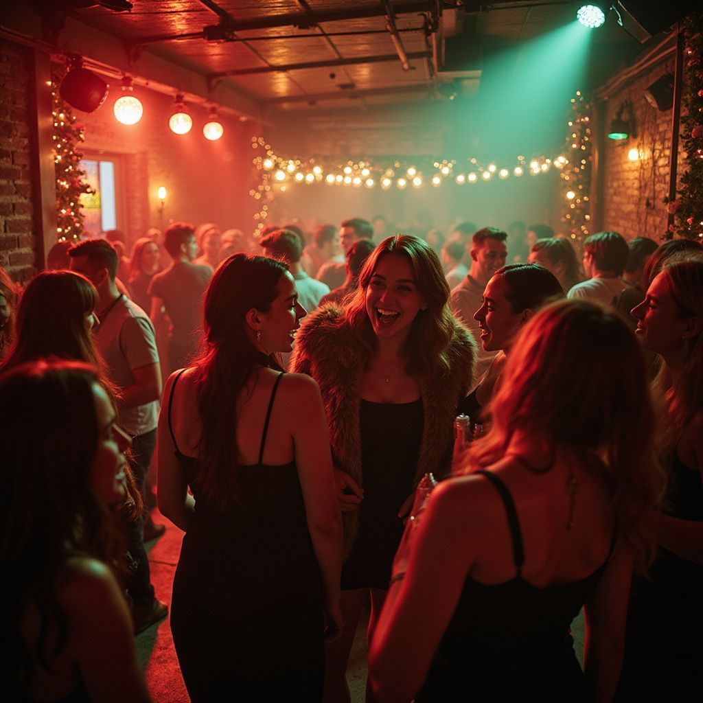 People dancing at a party in a dimly lit venue with red and green lights.