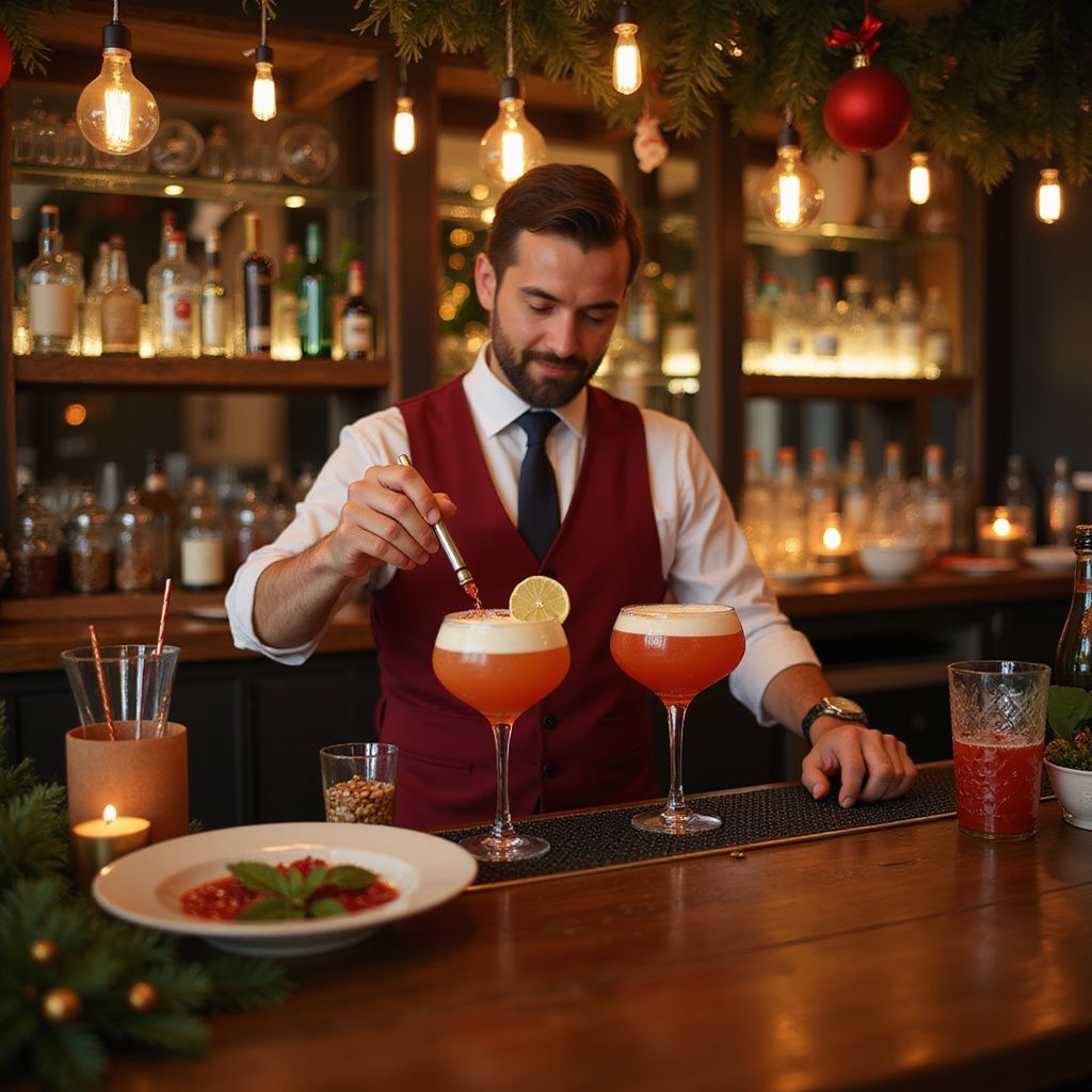 Bartender adding a garnish to a cocktail at a festive bar, with drinks, decorations, and a small plate.