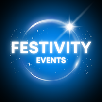 "Festivity Events" logo on a blue background with white text, sparkles, and a shining star."