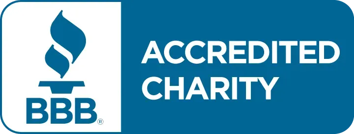 BBB Accredited Charity logo in white and blue.