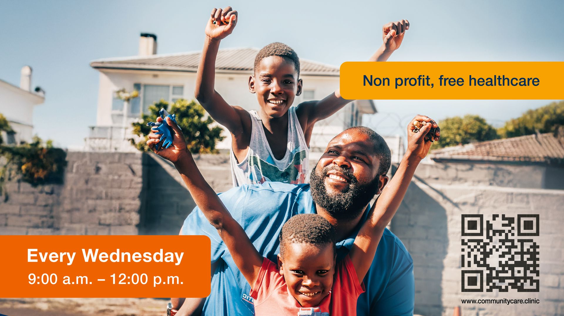 Smiling family at health center event details and QR code on a colorful poster.