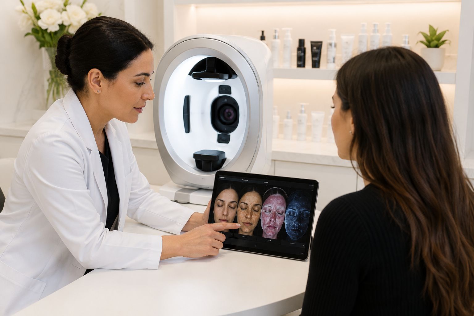 Professional skin analysis consultation using advanced imaging technology to support personalized ae