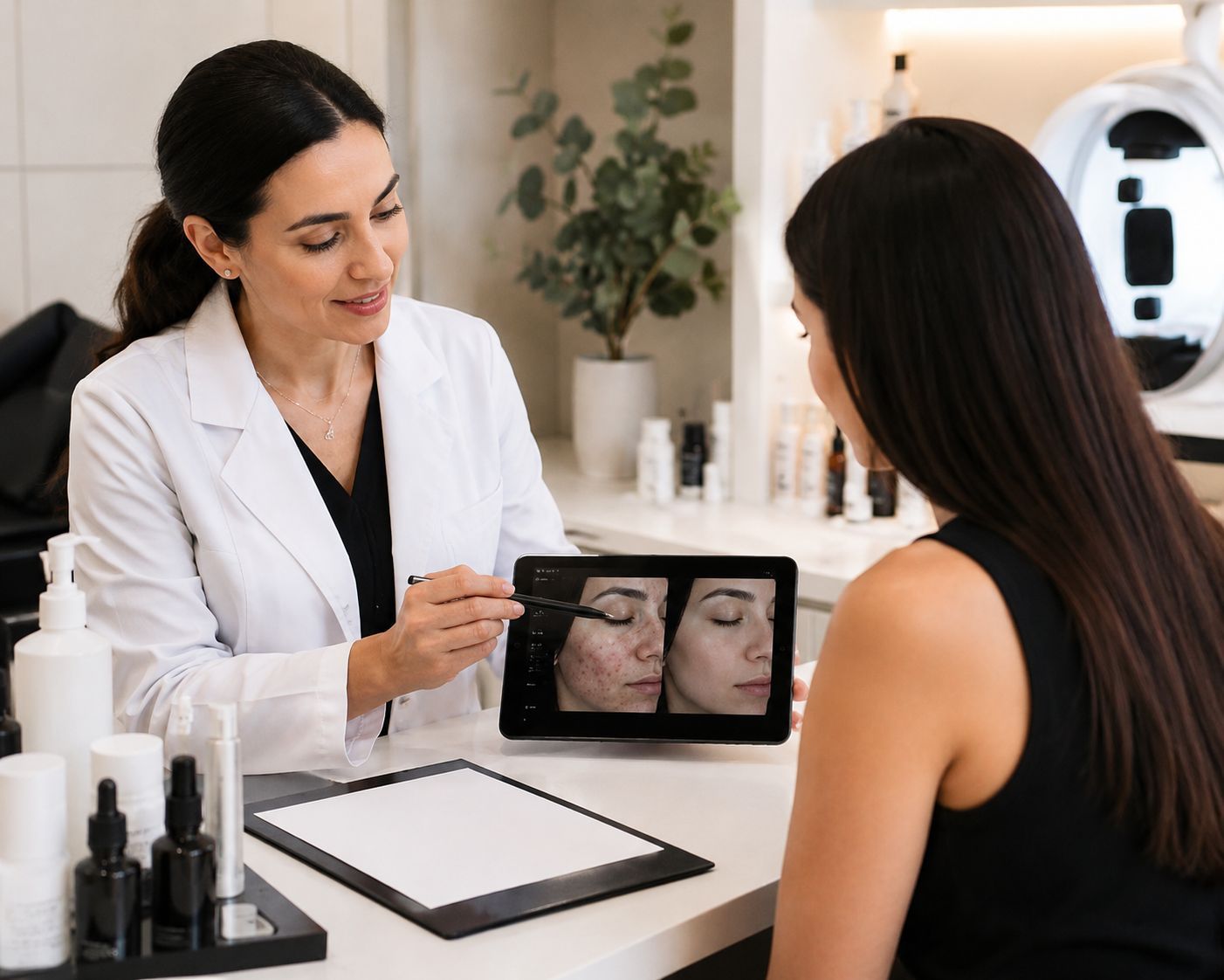 Professional skin analysis consultation using corrective skincare planning for aesthetic clinics