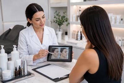 Aesthetic professional reviewing a structured skin treatment program designed to improve client outc