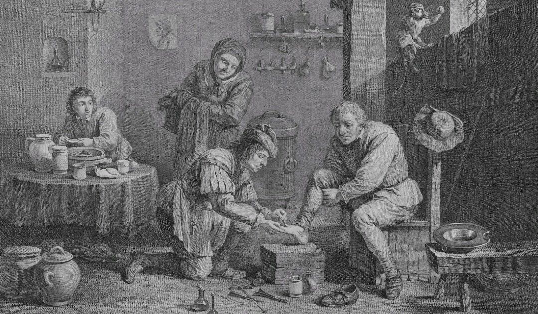 A black and white drawing of a group of people in a room.