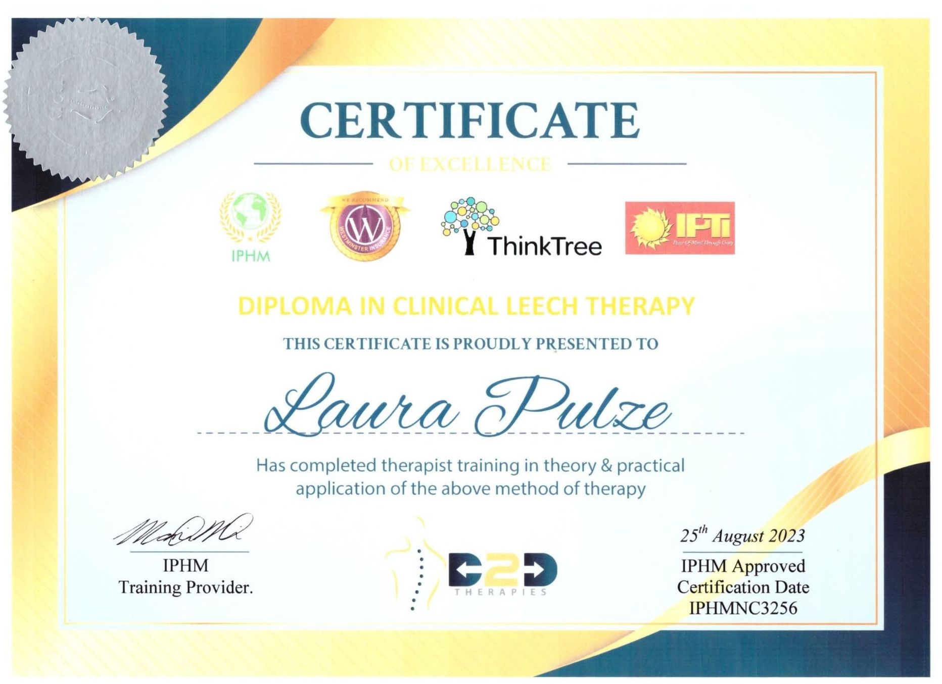 a certificate for a diploma in clinical leech therapy