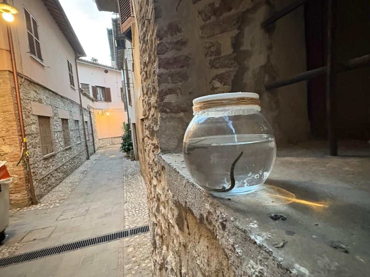 A glass jar filled with water is sitting on a window sill.
